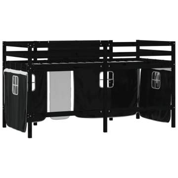 Kids' Loft Bed with Curtains - White & Black, Solid Pine 90x200cm