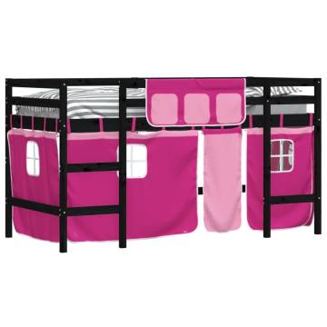 Kids' Loft Bed with Pink Curtains - Solid Pine Wood 90x200cm