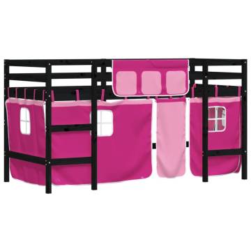 Kids' Loft Bed with Pink Curtains - Solid Pine Wood 90x200cm