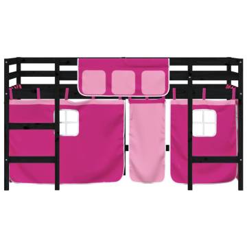 Kids' Loft Bed with Pink Curtains - Solid Pine Wood 90x200cm