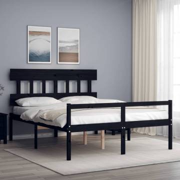 Black King Size Bed Frame with Headboard - Solid Wood