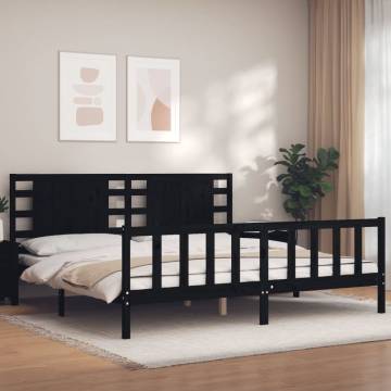 Black Bed Frame with Headboard - Solid Pinewood 200x200 cm