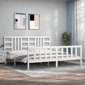 White Bed Frame with Headboard - 200x200 cm Solid Wood