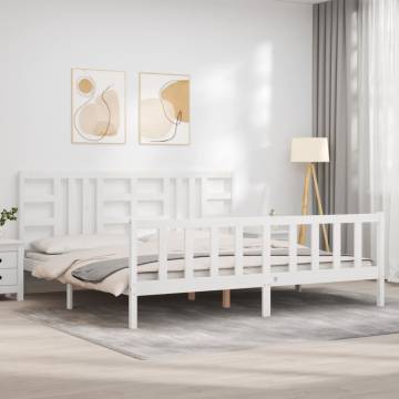 White Bed Frame with Headboard - 200x200 cm Solid Wood