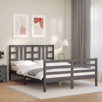 Stylish Grey Bed Frame with Headboard - 140x190 cm Solid Wood