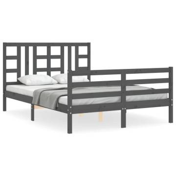 Stylish Grey Bed Frame with Headboard - 140x190 cm Solid Wood