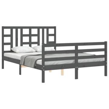 Stylish Grey Bed Frame with Headboard - 140x190 cm Solid Wood