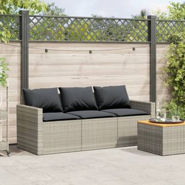 Garden Sofa with Cushions - 3-Seater Light Grey Poly Rattan