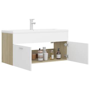 Stylish Sink Cabinet with Basin - White & Sonoma Oak