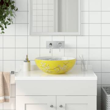 Chic White & Yellow Round Countertop Basin - 41 cm Ceramic