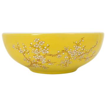 Chic White & Yellow Round Countertop Basin - 41 cm Ceramic