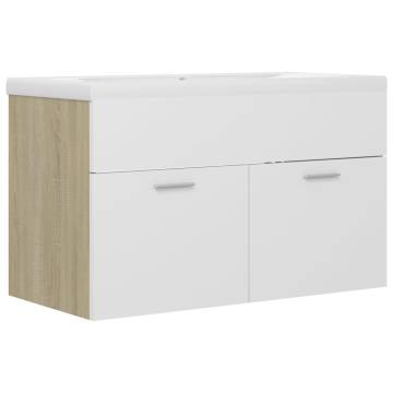 Stylish Sink Cabinet with Built-in Basin in White & Sonoma Oak