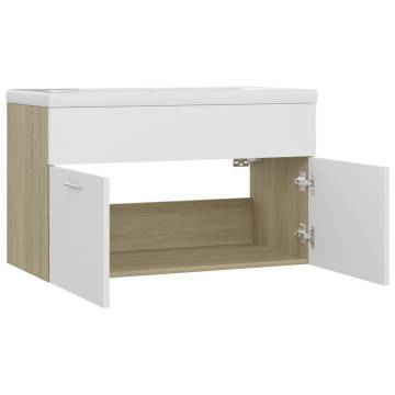 Stylish Sink Cabinet with Built-in Basin in White & Sonoma Oak