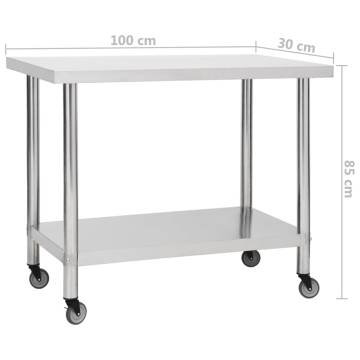 Stainless Steel Kitchen Work Table with Wheels - 100x30x85 cm