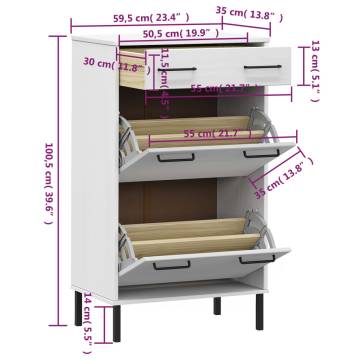 OSLO Shoe Rack with Metal Legs - White Solid Wood Pine