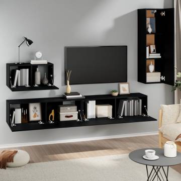 4 Piece Black Engineered Wood TV Cabinet Set | hipomarket.co.uk