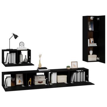 4 Piece Black Engineered Wood TV Cabinet Set | hipomarket.co.uk