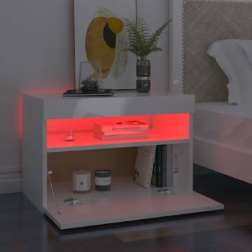 Bedside Cabinet & LED Lights - High Gloss White | HipoMarket