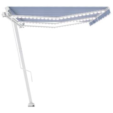 Blue & White Manual Retractable Awning with LED - 600x300 cm