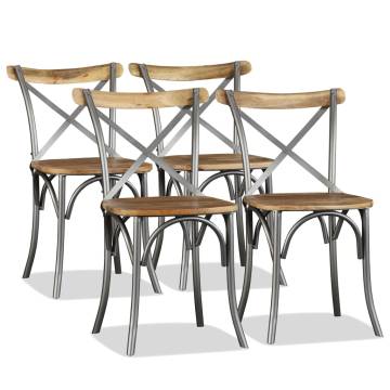 Dining Chairs Set of 4 - Solid Mango Wood & Steel Cross Back