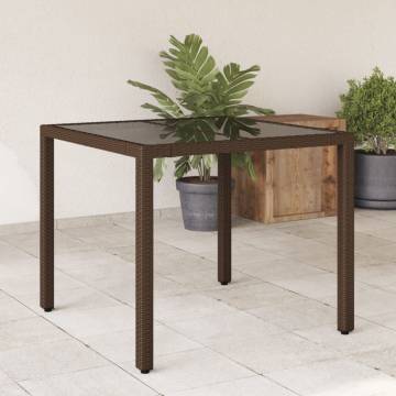 Garden Table with Glass Top - Brown 90x90x75 cm - Poly Rattan