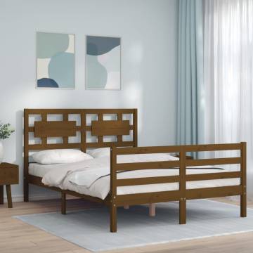 Honey Brown Small Double Bed Frame with Headboard - Solid Wood