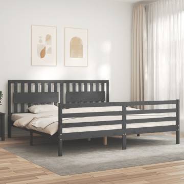 Grey Bed Frame with Headboard 200x200 cm - Solid Pine Wood