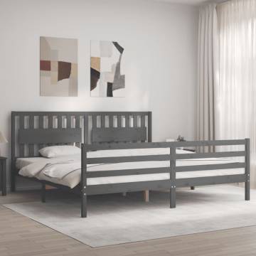 Grey Bed Frame with Headboard 200x200 cm - Solid Pine Wood