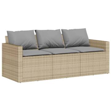 Comfortable 3-Seater Garden Sofa with Cushions - Beige Poly Rattan