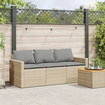 Comfortable 3-Seater Garden Sofa with Cushions - Beige Poly Rattan