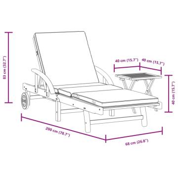 Sun Lounger with Cushion & Table - Solid Wood Acacia