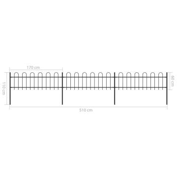 Stylish Garden Fence with Hoop Top - 5.1x0.6m Black Steel