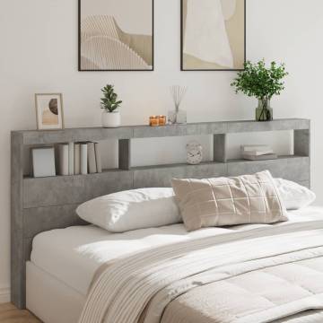 Stylish LED Headboard Cabinet in Concrete Grey - 220x17x102 cm