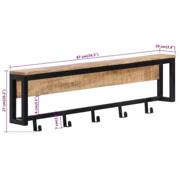 Coat Rack 87x10x27 cm - Solid Mango Wood with 5 Hooks