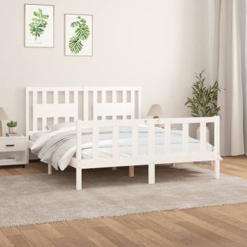 White Solid Wood Bed Frame with Headboard - King Size 150x200 cm