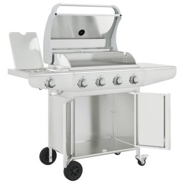 Gas BBQ Grill with 5 Burners - Silver Stainless Steel