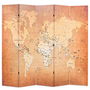 Folding Room Divider 200x170 cm World Map Yellow | Hipo Market