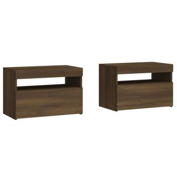 Elegant Bedside Cabinets with LED Lights - Brown Oak Set of 2