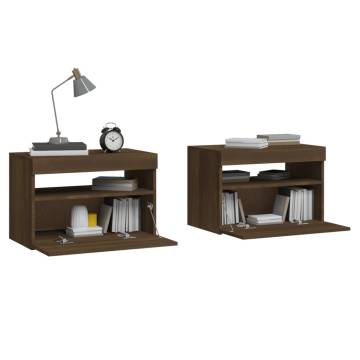 Elegant Bedside Cabinets with LED Lights - Brown Oak Set of 2