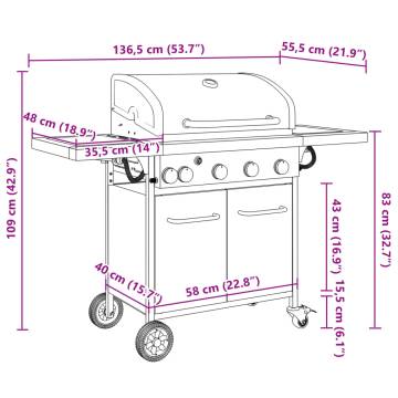 Gas BBQ Grill with 5 Burners - Black Powder-coated Steel