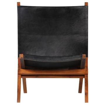 Folding Relaxing Chair - Black Real Leather | Hipomarket