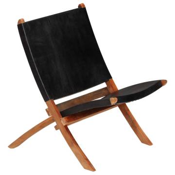 Folding Relaxing Chair - Black Real Leather | Hipomarket