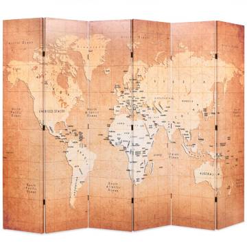 Folding Room Divider 228x170 cm - World Map Yellow