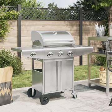 Gas BBQ Grill with 4 Burners - Silver Stainless Steel