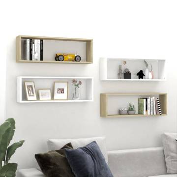 Wall Cube Shelf Set - 4 pcs White & Sonoma Oak | Hipo Market