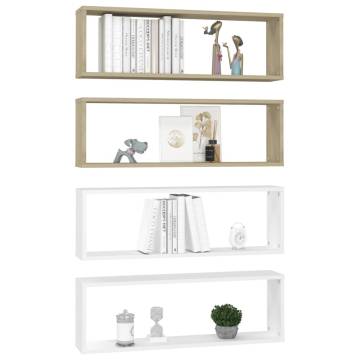 Wall Cube Shelf Set - 4 pcs White & Sonoma Oak | Hipo Market