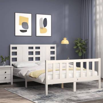 White Double Bed Frame with Headboard - Solid Pine Wood