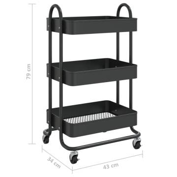 3-Tier Black Trolley - Durable Steel Storage Solution