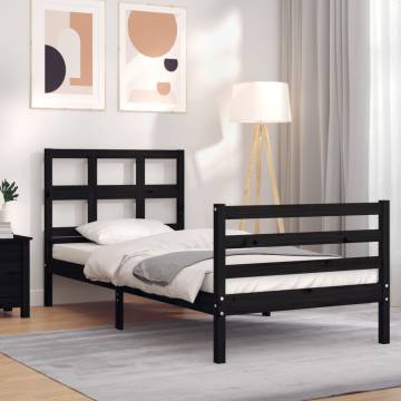 Black Single Bed Frame with Headboard - Solid Pine Wood