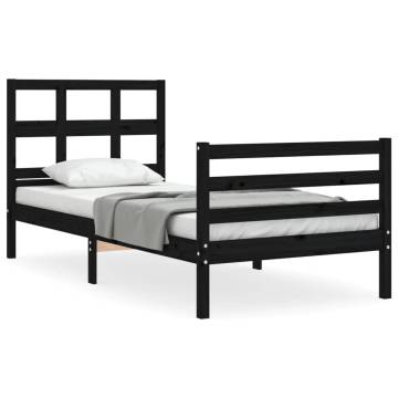 Black Single Bed Frame with Headboard - Solid Pine Wood